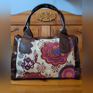 NEW Desigual Floral Embroidered Canvas Satchel with Brown Leather Details, NWOT